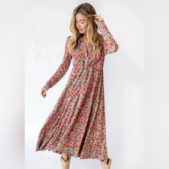 NATURAL LIFE Dresses & Skirts - Natural Life Christa Knit Maxi Dress XLarge Boho Floral Button Front EUC